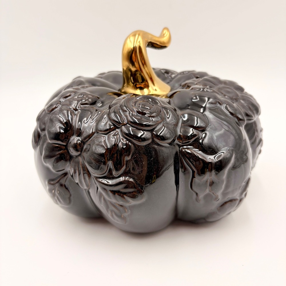Threshold Ceramic Floral Spiderweb Pumpkin Figural Gold Stem Halloween Decor